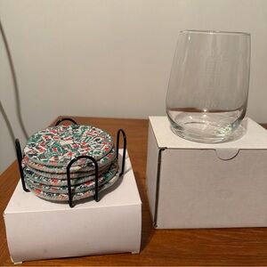NEW Mahjong Set One Glass Goblet And 6 Fabric Braided Coasters In Metal Holder